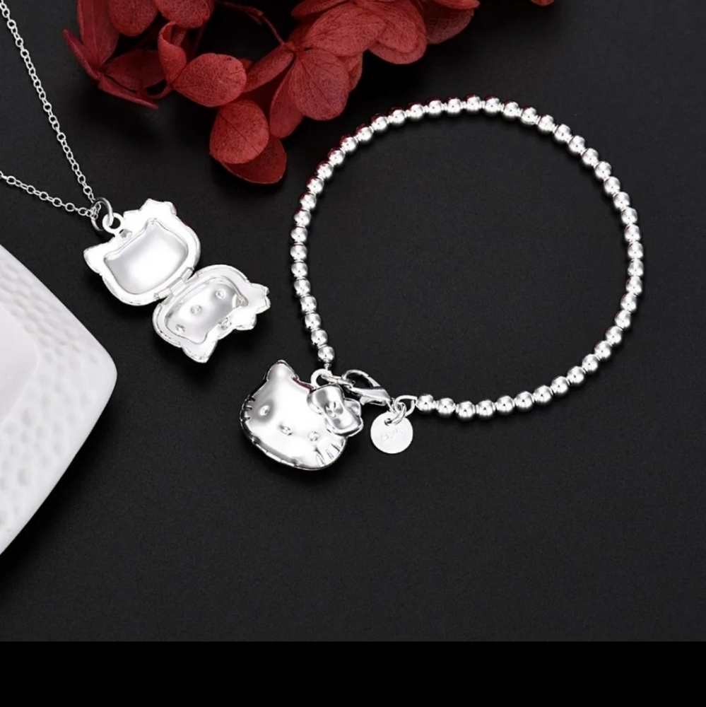New 925 stamped Hello kitty Locket necklace and locket Bracelet set